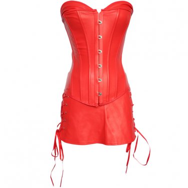 Plus Size Faux Leather Punk Court Corset with Skirt Sexy Lace-up Overbust Bustier Lingerie