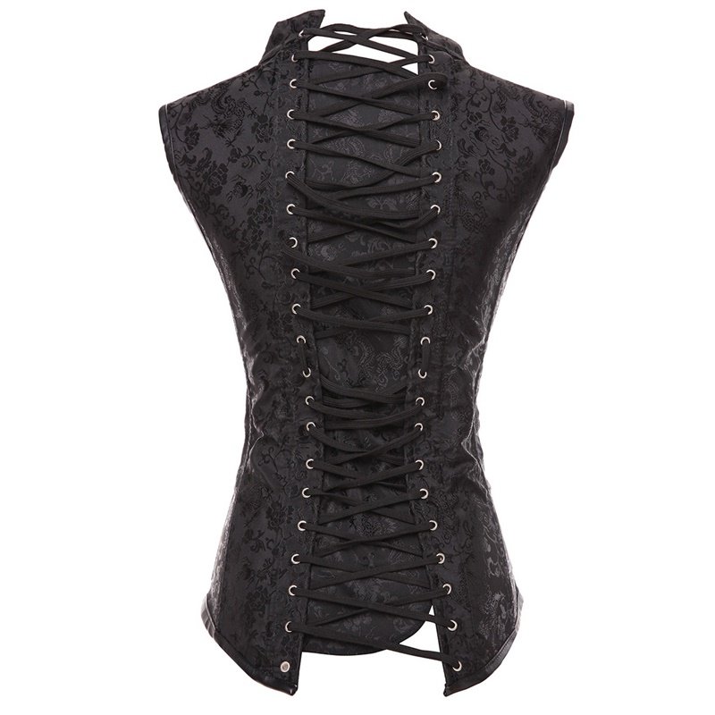 Brocade Collared Top Cupless Vest Steampunk Corsets Underbust Gothic Clothing Bustiers Steel Boned 8543