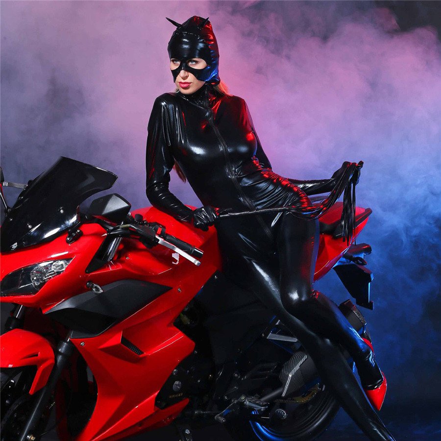 Patent Leather Catwoman Costumes Nightclub Ds Club Uniforms Cat Girl Catsuit With Helmet 