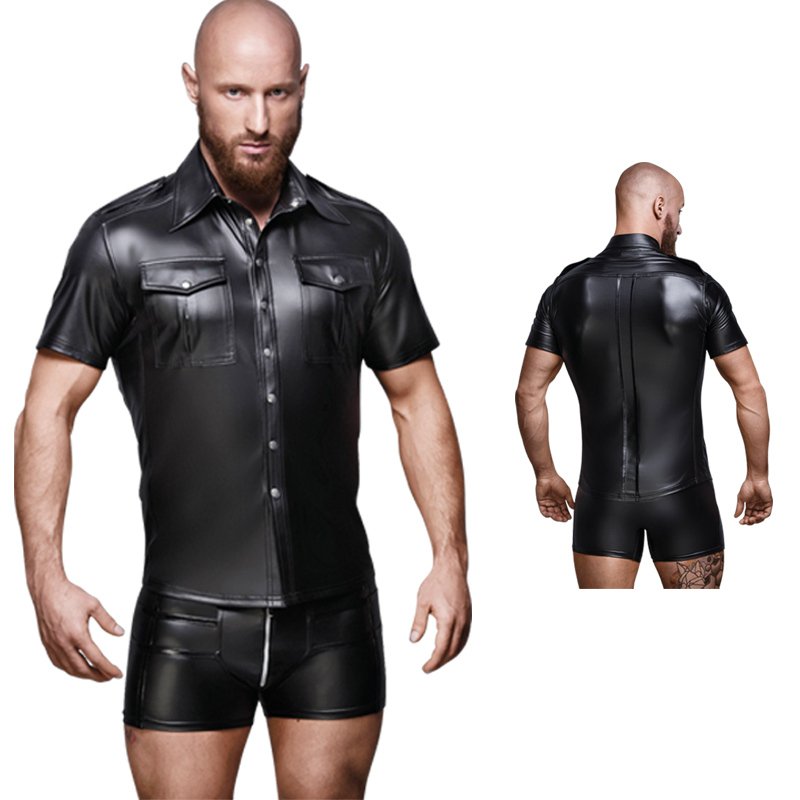 Men's Sexy Patent Leather Shirt Tight-fitting Short-sleeved Coat Stage Nightclub Costumes