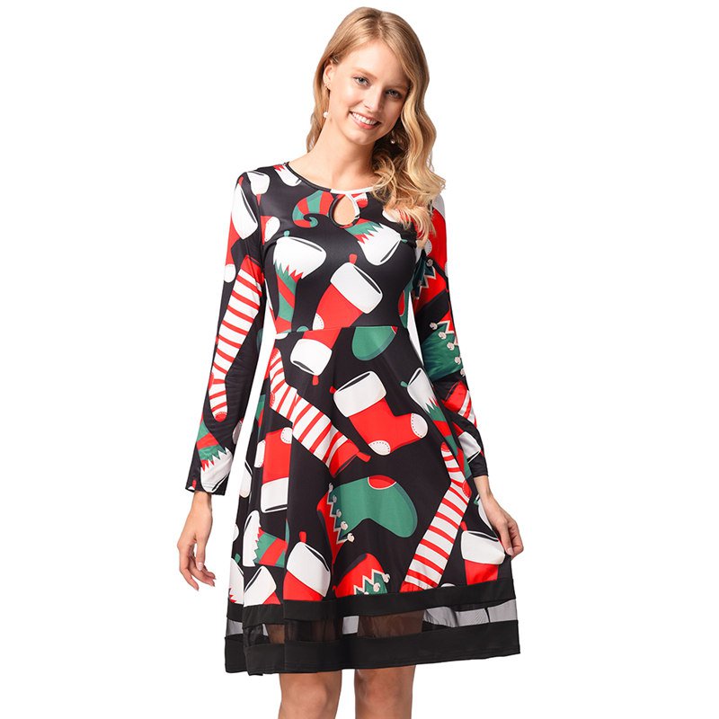 Christmas Socks Print Mini Dress 2018 Autumn Winter Long Sleeve Women's Streetwear