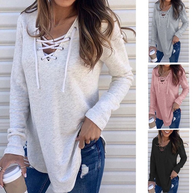 4 Colors Solid Color Fashion Tops Criss-Cross Tied Loose T-shirt Autumn Women Blouse