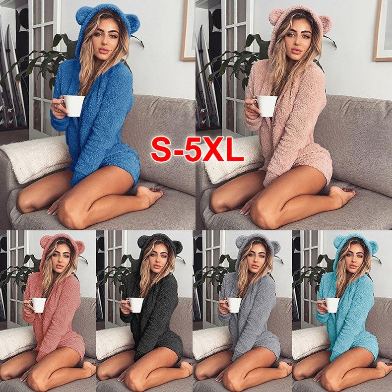 Women Winter Hoodies Fleece Thick Warm Long Sleeve Sweatshirts Cute Bear Plush Bodysuit