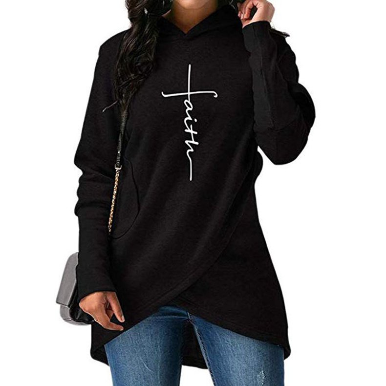 Fleece Irregular Hooded Sweater Letter Print Winter Long Sleeve Sweatshirts Fashion Autumn Hoodies