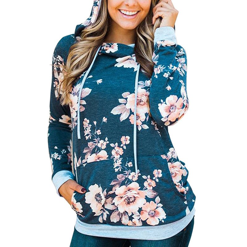 Plus Size 2XL Fashion Autumn Front Pocket Casual Hooded Sweatshirts Floral Winter Clothing Hoodies
