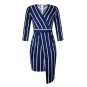 Star Street Style Dresses Autumn Slim-fit V-neck Striped Dress Spring Sheath Streetwear