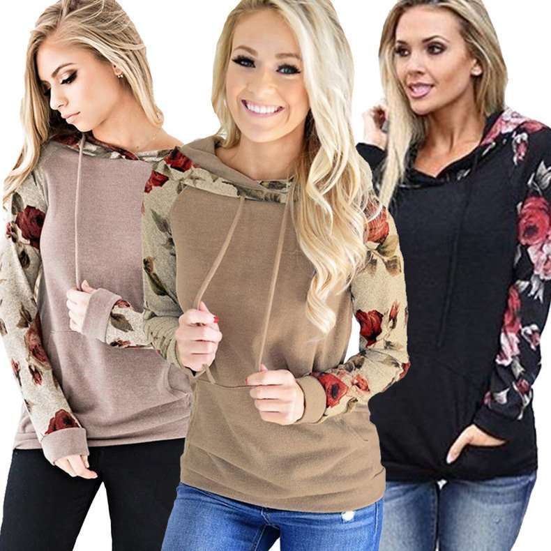 Floral Printed Casual Winter Sweatshirts Fashion Hooded Hoodies Autumn Pocket Long Sleeve Tops