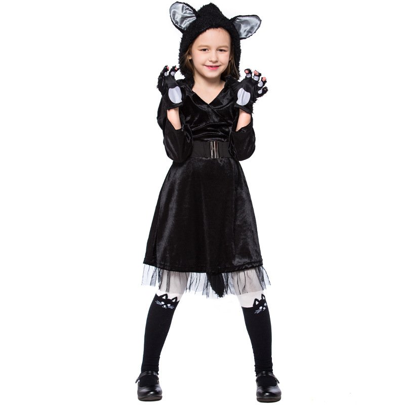 Kid Carnival Stage Black Cat Cosplay Uniform Halloween Faux Fur Outfits Animal Fancy Dress for Child