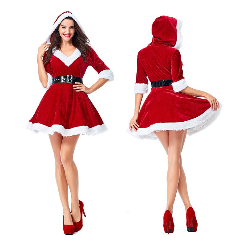 Women Spun Velvet Christmas Costume Female Faux Fur Sexy Xmas Mini Dress 8512