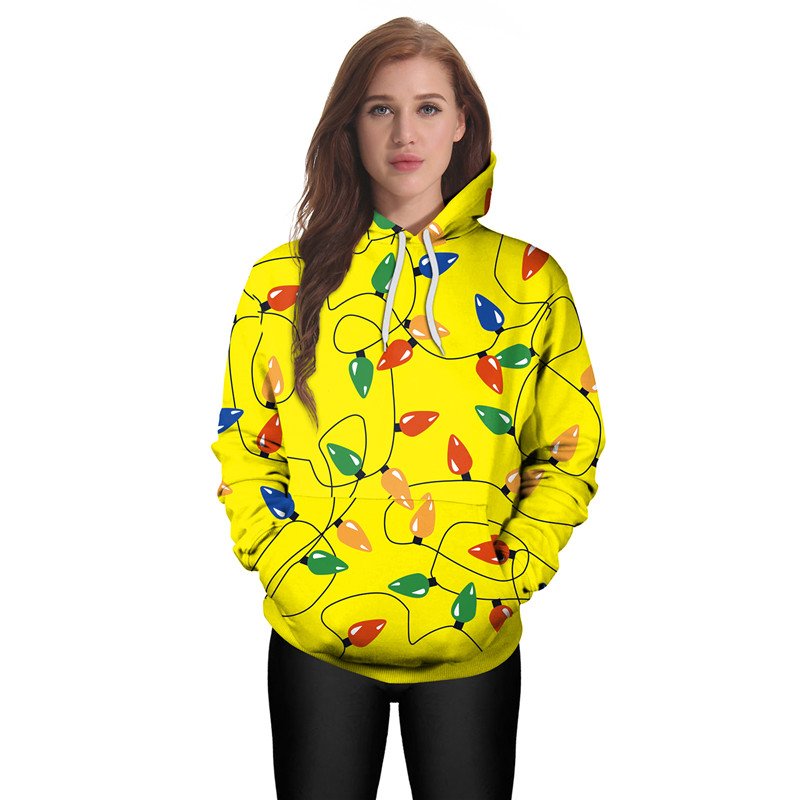 2018 Winter Women Christmas Streetwear with Hat Ladies Cartoon Bulb Printed Sweatshirts