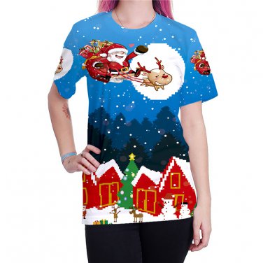 Plus Size Xmas Tops Women Santa Claus Casual Blouses Unisex Crew Neck Lady Xmas T-Shirts