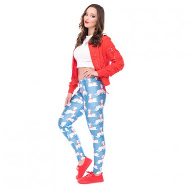 Blue Funk Christmas Slim Pants Santa Claus Leggings Casual Printing Capris Xmas Trousers
