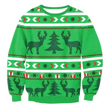 Green Reindeer Printed Winter Tops Christmas Hoodies Fashion Autumn Streetwear