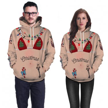 Xmas Bikini Bra Printed Couples Streetwear Unisex Novelty Hoodies Funk Christmas Sweatshirts