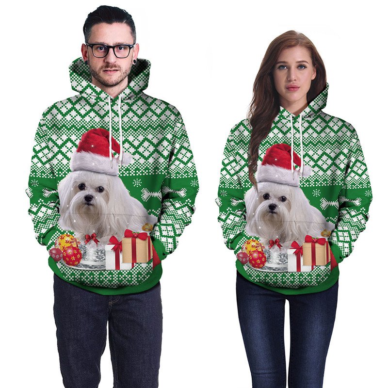 Christmas Costume Single Dog Printed Couples Wear Novelty Long Sleeve Doggy Hoodies