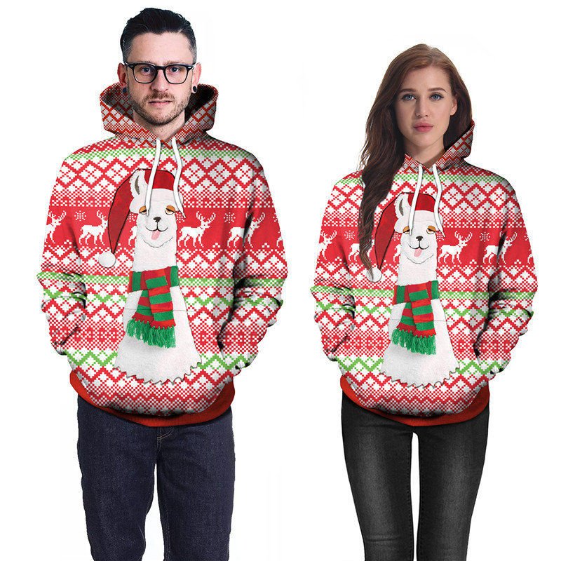 Christmas Alpaca Print Couples Sweatshirts Autumn Pink Xmas Plus Size Hoodies with Hat