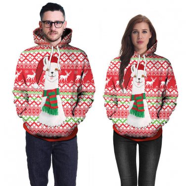 Christmas Alpaca Print Couples Sweatshirts Autumn Pink Xmas Plus Size Hoodies with Hat