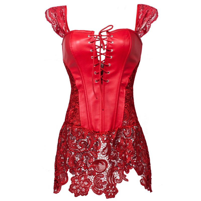 Red Popular Beyonce Lace Up Front Faux Leather Sexy Venice Overbust Lace Corset Lingerie W5504