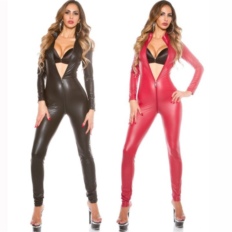 Plus Size 2XL 3XL Patent Leather Sexy Catsuit Crotch Zipper Bodysuit Catwoman Large Size Jumpsuit