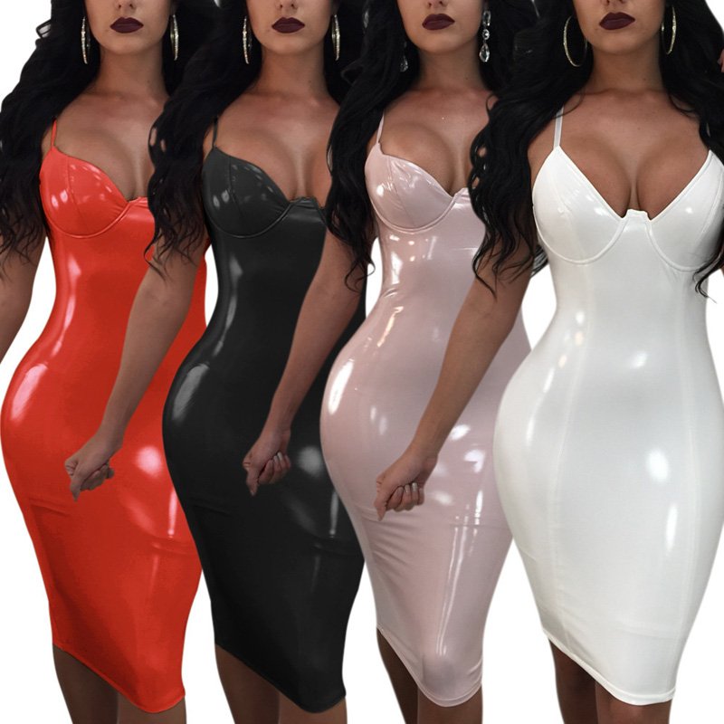 Plus Size Wetlook PU Street Dresses Women Erotic Night Clubwear Gothic Super Size Latex Midi Dress