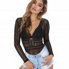 Long Sleeve Striped Lace Underwear Black V-neck Sexy Bodysuit Lingerie