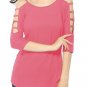 Pink Women's Casual Loose Hollowed Out Shoulder Three Quarter Sleeve Shirts