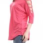 Pink Women's Casual Loose Hollowed Out Shoulder Three Quarter Sleeve Shirts