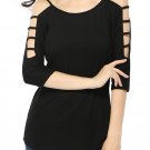 Black Women's Casual Loose Hollowed Out Shoulder Three Quarter Sleeve Shirts