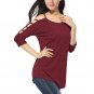 Wine Red Women's Casual Loose Hollowed Out Shoulder Three Quarter Sleeve Shirts