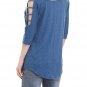 Blue Women's Casual Loose Hollowed Out Shoulder Three Quarter Sleeve Shirts Plus Size XXL Blouse