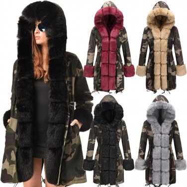 Plus Size Winter Trench Coats Fur Hooded Women's Dust Coat Women's Three-quarter Coat