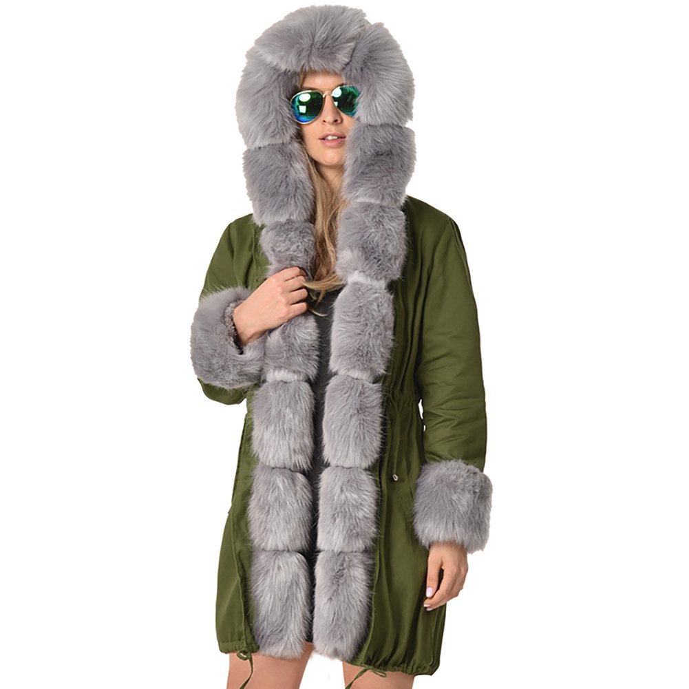 Army Green Winter Fashion Three-quarter Coat Women's Faux Fur Trench Coats