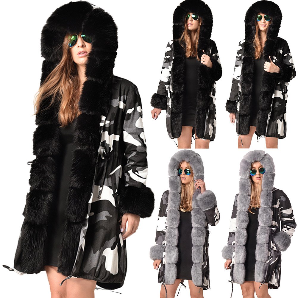 England Winter Trench Coats Fashion Three-quarter Coat Faux Fur Collar Hooded Camouflage Outerwear