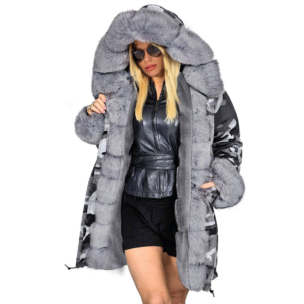 Winter Dust Coat Long Faux Fur Collar Hooded Camouflage Jacket Women's Three-quarter Coat