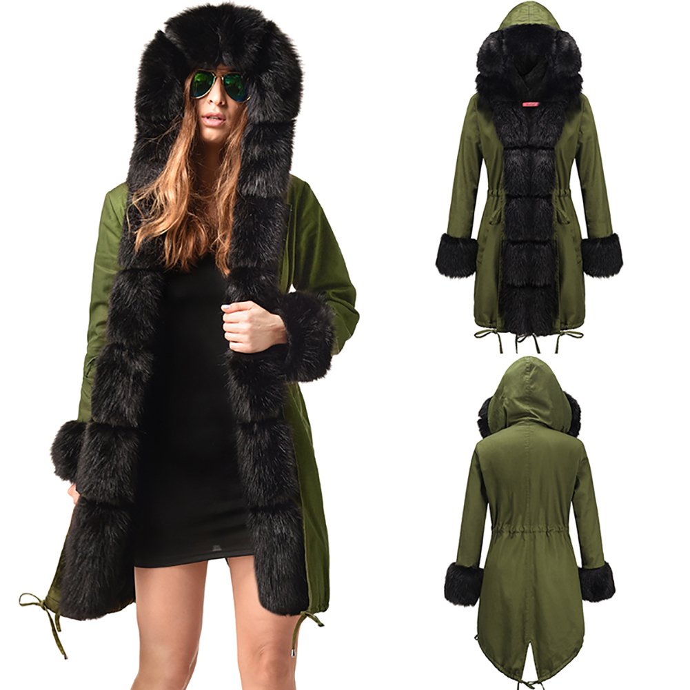 Women Parka Three-quarter Coat Faux Fur Collar Hooded Winter Fur Long ...