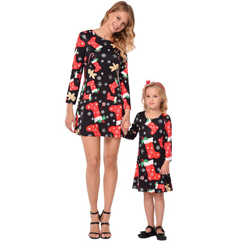 Casual Holiday Long Sleeve A Line Dress Women Fashion Christmas Snowflake Print Dresses Streetwear