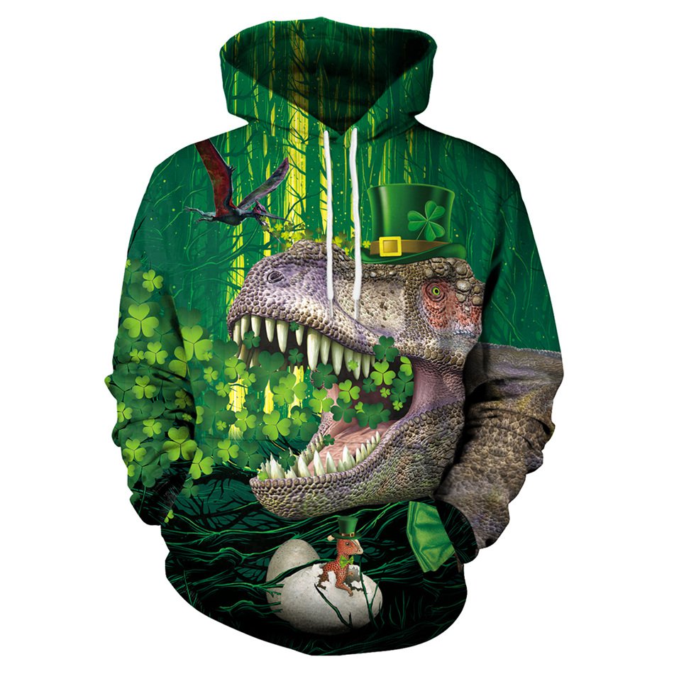 Men 3D Dinosaur Printed Sweatshirt Green St. Patrick's Day Streetwear Winter Novelty Male Hoodies