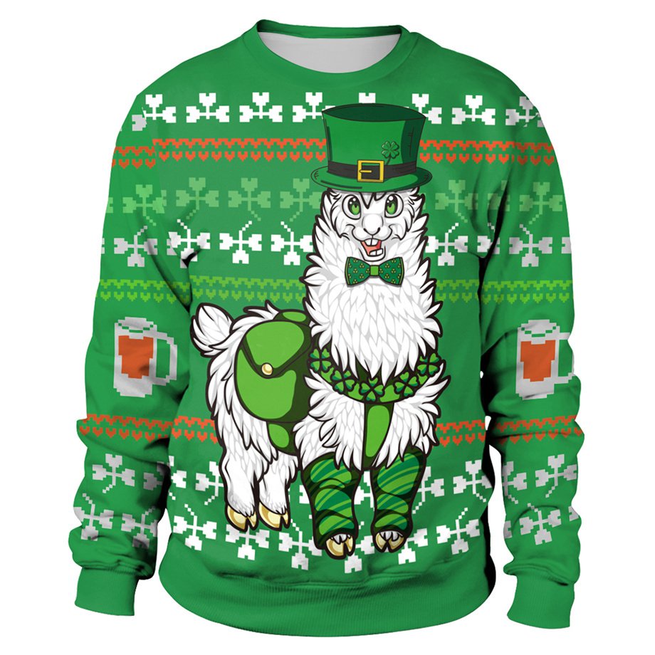 3D Print Alpaca Winter Streetwear Hoodies Leprechaun Hat Outerwear St. Patrick Day Sweatshirt