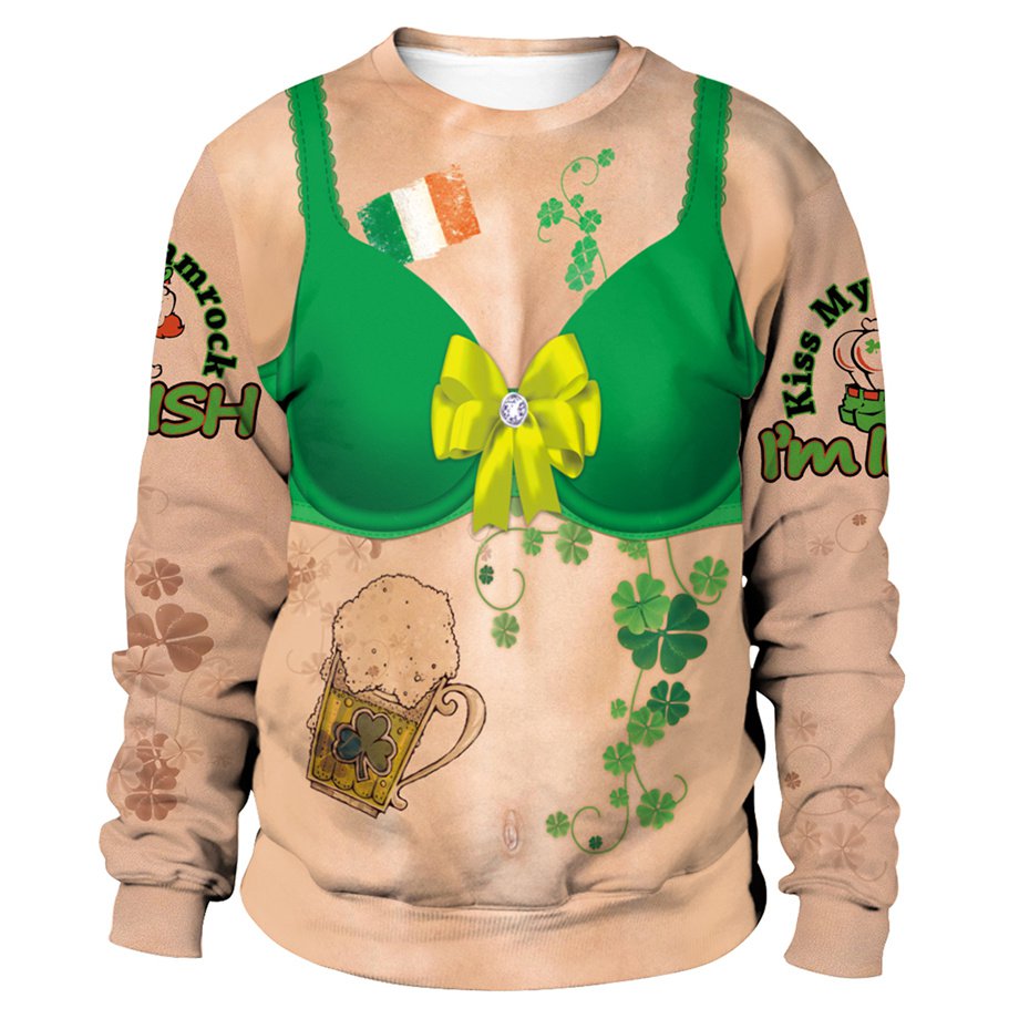 3D Bra Print Novelty Winter Hoodies St. Patrick Day Sweatshirt Women Shamrocks Outerwear