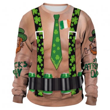 Plus Size XXL Novelty Suspender Print Spring Sweatshirts Long Sleeve Green St. Patrick Day Hoodies