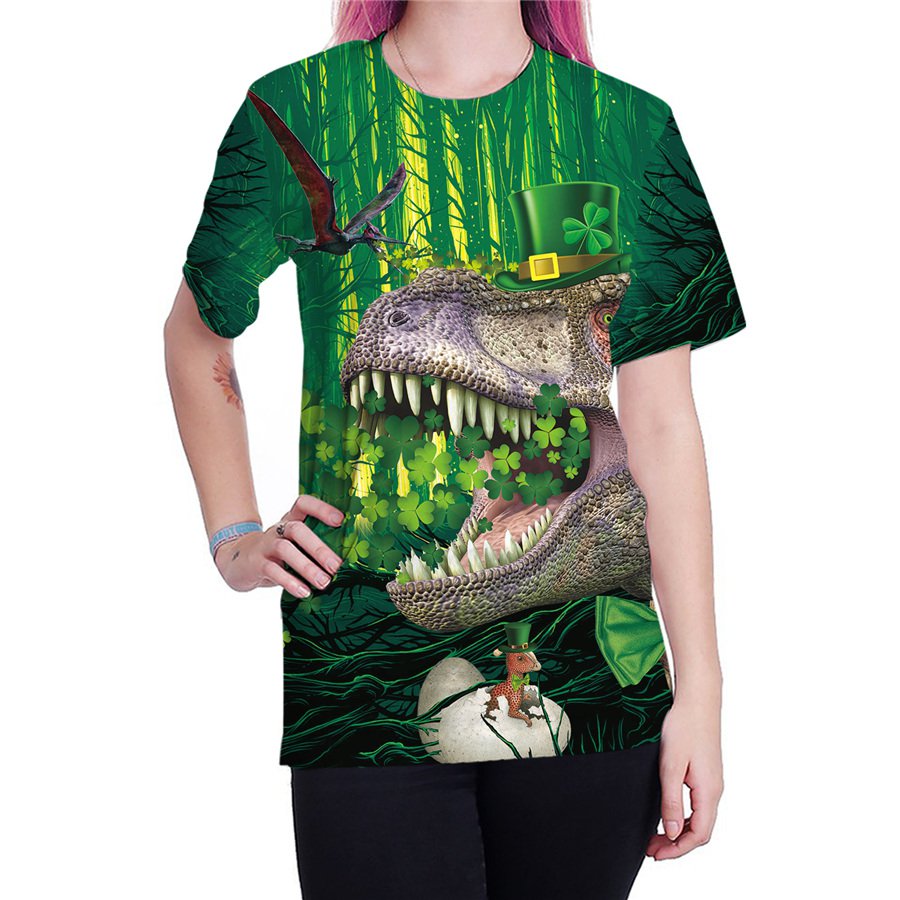 Women St. Patrick Day Blouses Casual Dinosaur Shirts Green Leprechaun Streetwear