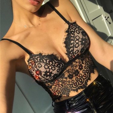 Black Sexy Eyelash Lace Bras Sets Sheer Unlined Erotic V-day Lingerie