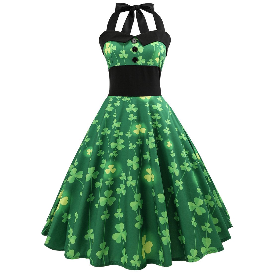 St. Patrick's Day Vintage Party Dresses Shamrocks Printed Plus Size Halter Retro Midi Dresses