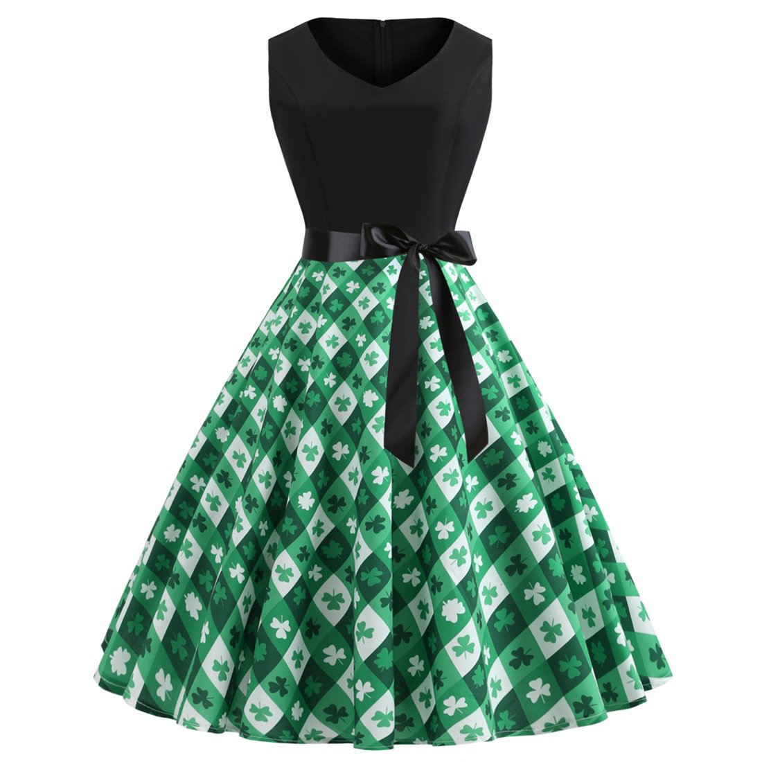 St. Patrick Day Retro Party Dress Celtic Festival Shamrocks Printed Costume Vintage Midi Dresses
