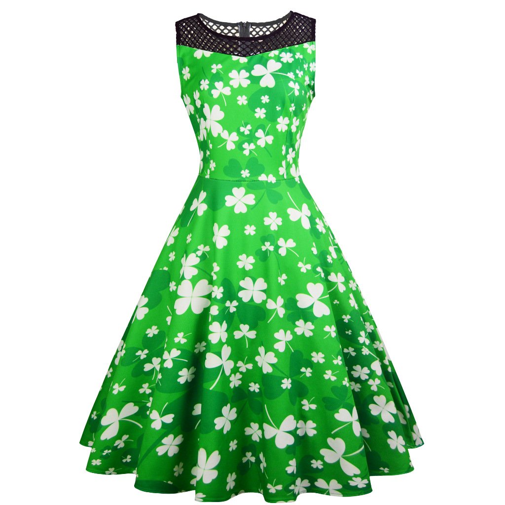 Shamrocks Retro Mid-Calf Party Dresses Costume Ireland Clothing St. Patrick Vintage Casual Dress
