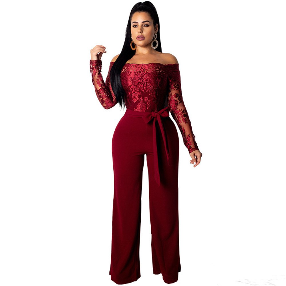 Women Sexy Sashes Off Shoulder Casual Clothing Wide Leg Lace Jumpsuit Fashion Spring Streetwear