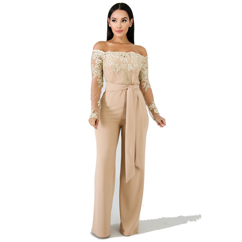 Fashion Lace Wide Leg Jumpsuit Spring European Streetwear Autumn Skinny Off Shoulder Casual Clothing