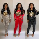 Spring Women's Two Piece Pants Crew Neck Autumn Sweetheart Sequins Female Tracksuits