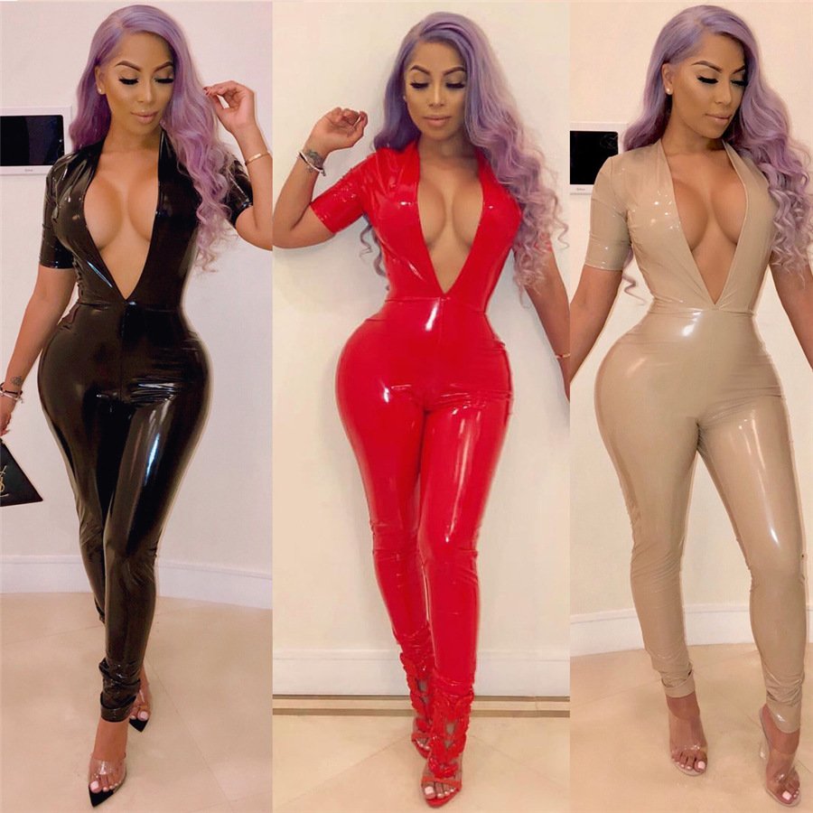 Skinny V-neck Latex Costume Catsuit Red Night Club Catsuit Sexy Bodysuit