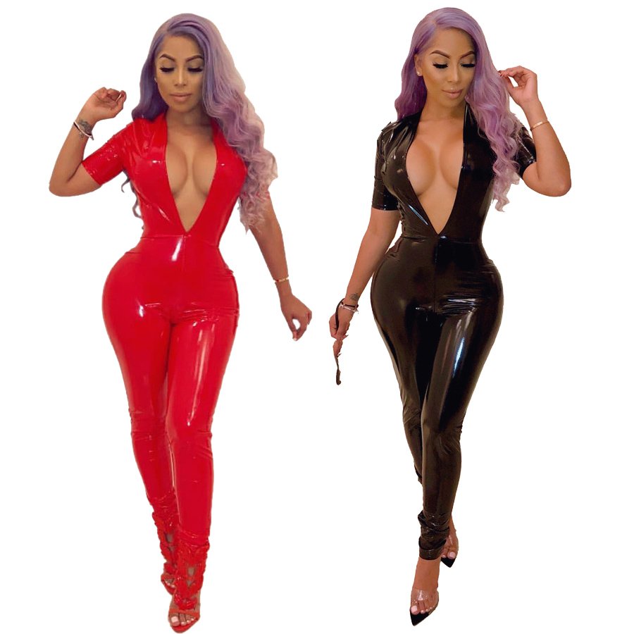 Red Sexy PVC Catsuit Costumes Plus Size Women Black Punk Erotic Motorcycle Latex Jumpsuit